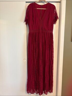 Blencot Lace V-Neck Maxi Dress in Wine Red